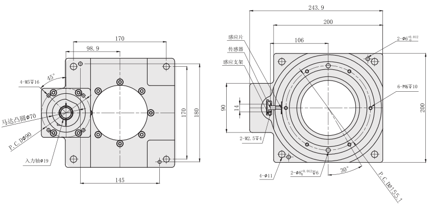 DH200中空旋转平台尺寸图 DH200中空旋转平台尺寸图